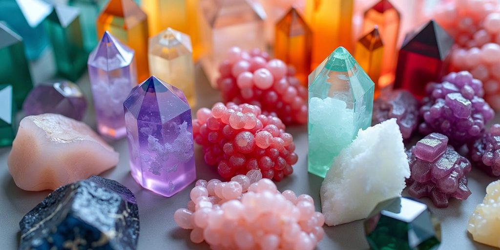 Varie pietre colorate disposte su uno sfondo neutro.