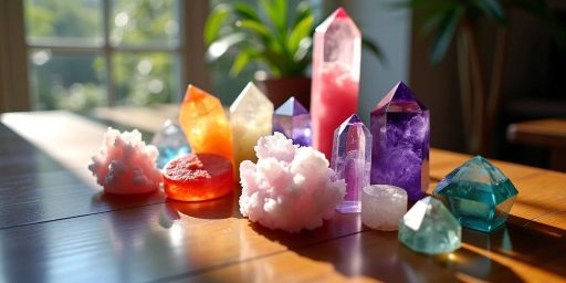 Cristalli colorati su un tavolo di legno