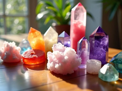 Cristalli colorati su un tavolo di legno