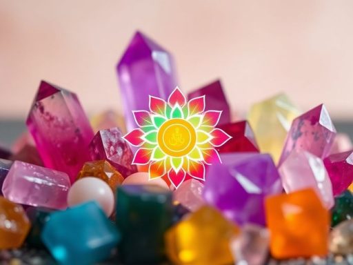 Disposizione di cristalli colorati attorno a un simbolo chakra.