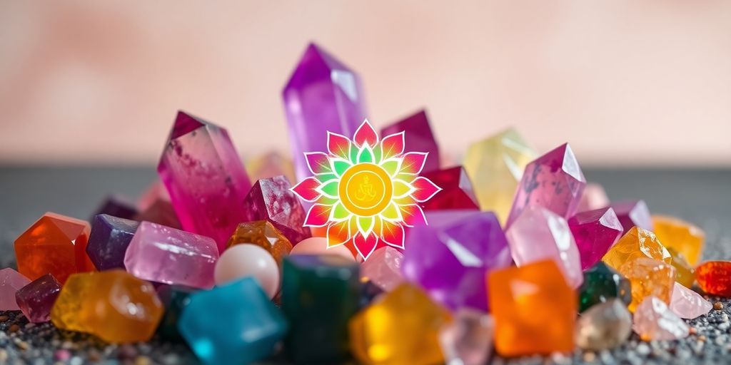 Disposizione di cristalli colorati attorno a un simbolo chakra.