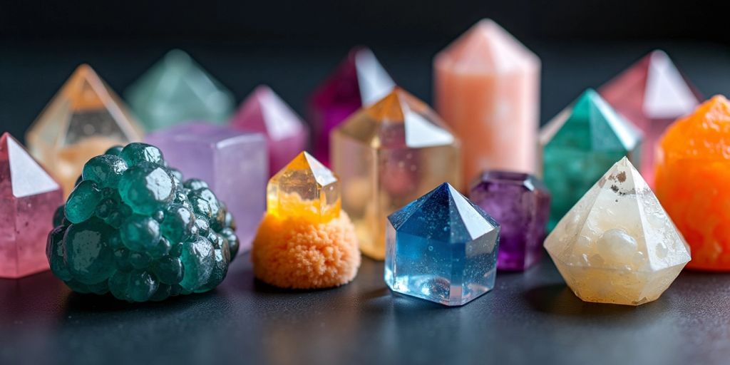 Varie pietre colorate disposte su una superficie scura.