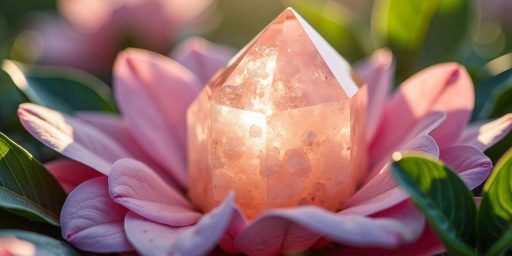 Cristallo di quarzo rosa con petali rosa e foglie verdi.