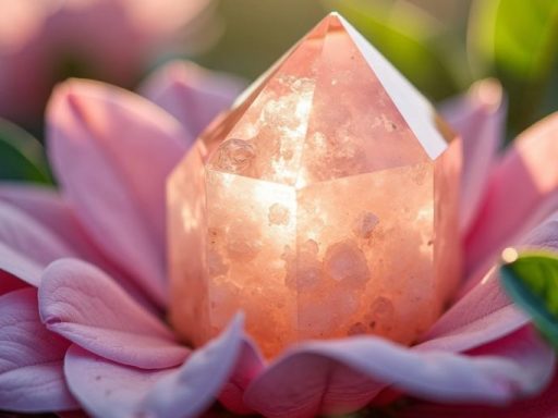 Cristallo di quarzo rosa con petali rosa e foglie verdi.