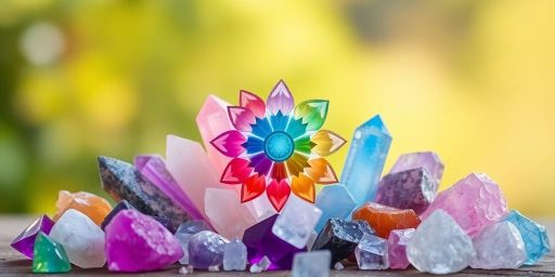 Cristalli colorati disposti attorno a un simbolo chakra.