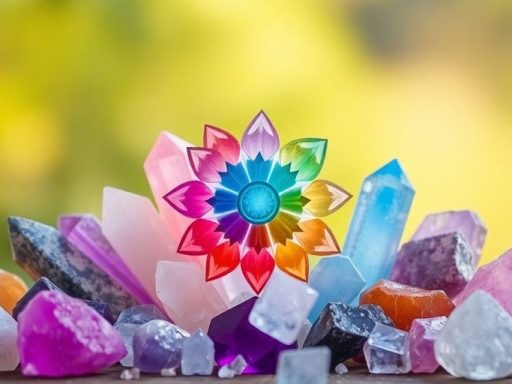 Cristalli colorati disposti attorno a un simbolo chakra.