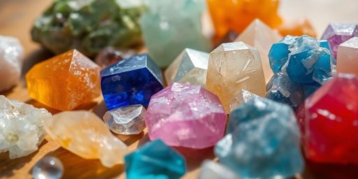 Varie cristalli colorati su una superficie di legno.