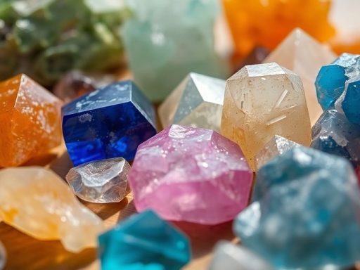 Varie cristalli colorati su una superficie di legno.