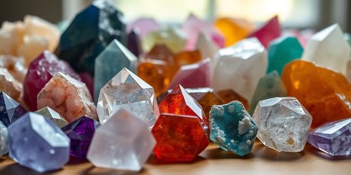 Vari cristalli colorati su una superficie di legno.