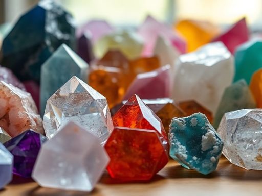 Vari cristalli colorati su una superficie di legno.