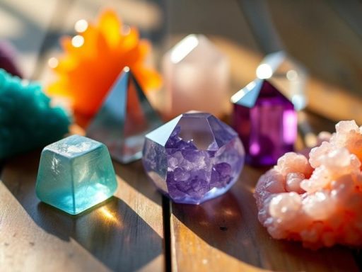 Cristalli colorati su superficie di legno