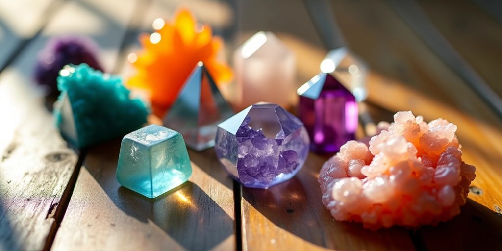 Cristalli colorati su superficie di legno