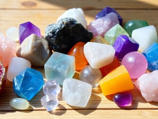 Collezione di cristalli colorati su superficie di legno.