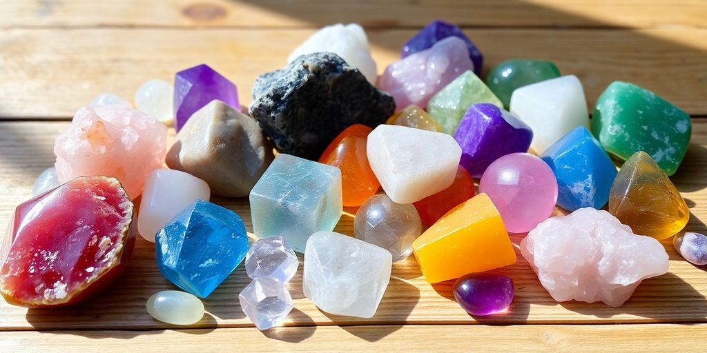 Collezione di cristalli colorati su superficie di legno.