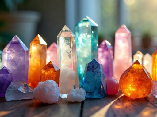 Collezione di cristalli colorati su superficie di legno.