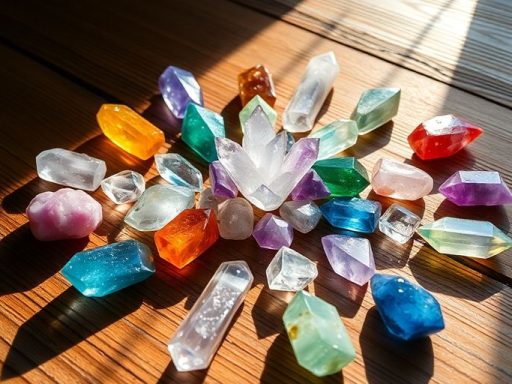 Griglia di cristalli colorati su superficie di legno.