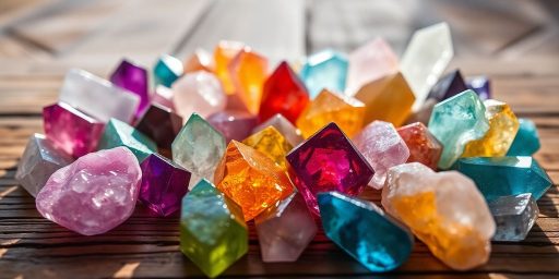 Collezione di cristalli colorati su una superficie di legno.