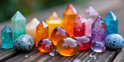 Cristalli colorati su una superficie di legno