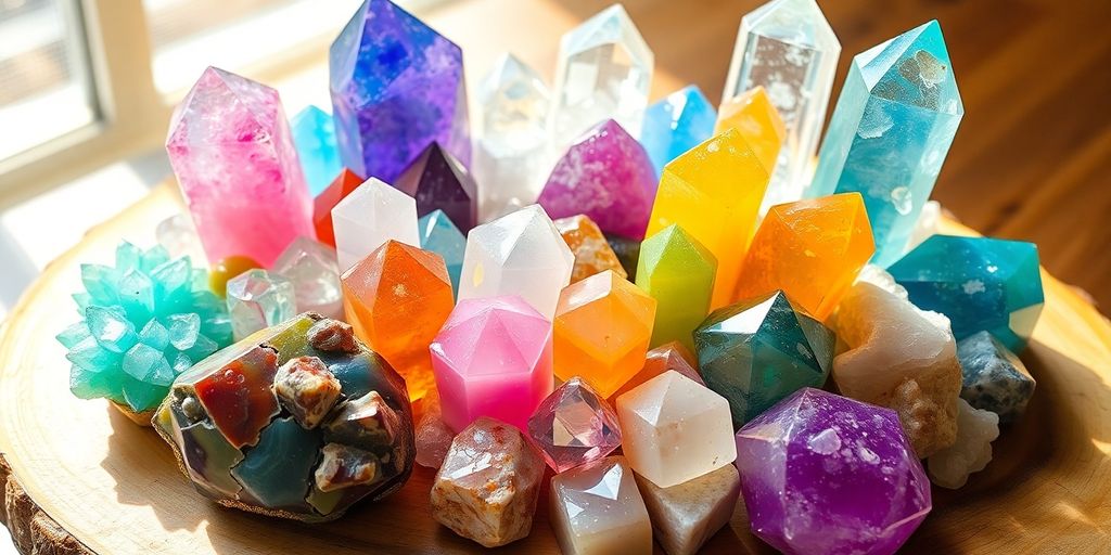 Varie pietre colorate su una superficie di legno.