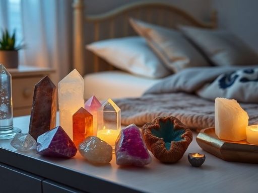 Cristalli colorati su un comodino in una camera da letto.