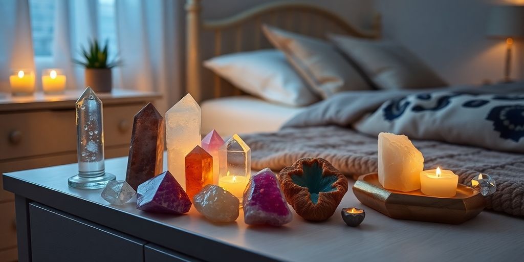 Cristalli colorati su un comodino in una camera da letto.