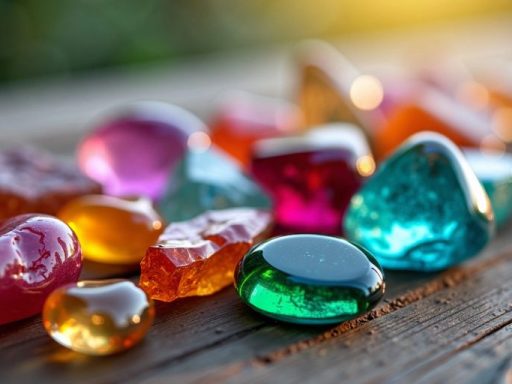 Varie pietre colorate su una superficie di legno.