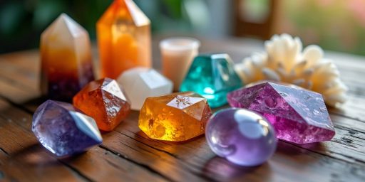 Cristalli colorati su un tavolo di legno