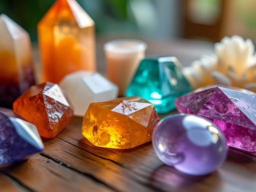 Cristalli colorati su un tavolo di legno