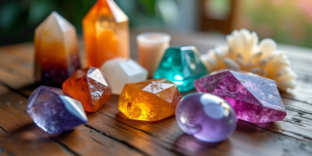 Cristalli colorati su un tavolo di legno
