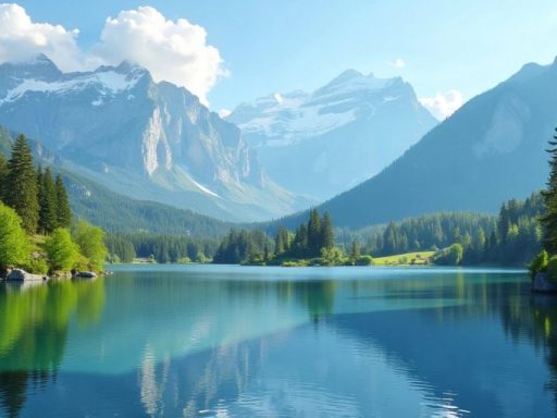 Paesaggio sereno con lago e montagne