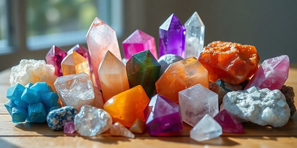 Varie pietre colorate su una superficie di legno.