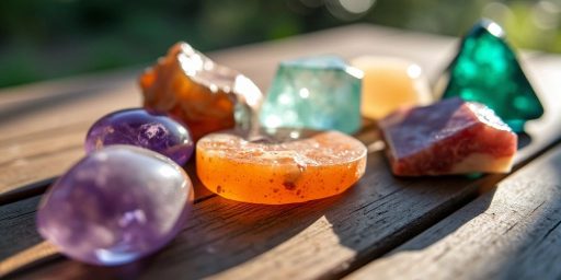 Cristalli colorati su superficie di legno