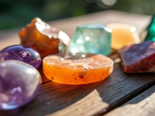 Cristalli colorati su superficie di legno