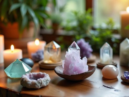 Cristalli su tavolo con candele e piante