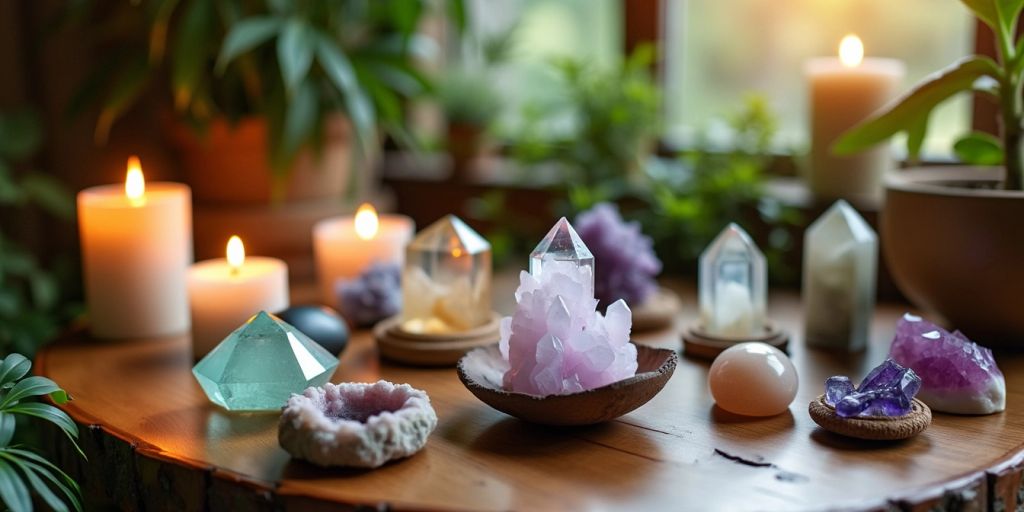 Cristalli su tavolo con candele e piante