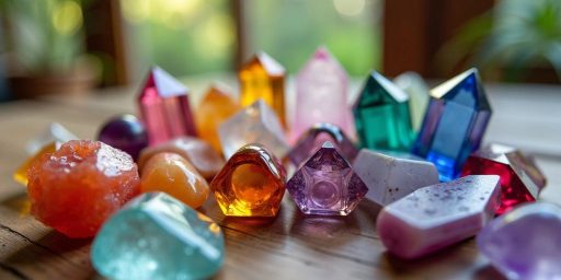 Cristalli colorati su un tavolo di legno