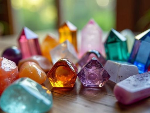 Cristalli colorati su un tavolo di legno