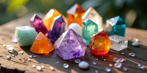 Collezione di cristalli colorati su superficie di legno.