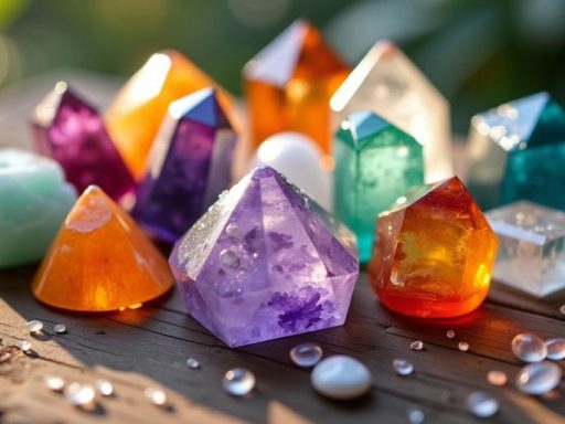 Collezione di cristalli colorati su superficie di legno.