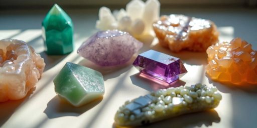 Vari cristalli su una superficie morbida e illuminata.