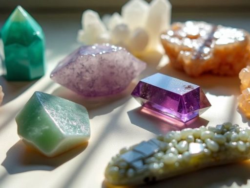 Vari cristalli su una superficie morbida e illuminata.