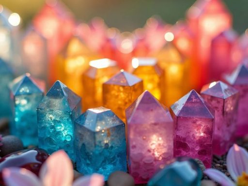 Cristalli colorati a forma di cuore con fiori delicati.