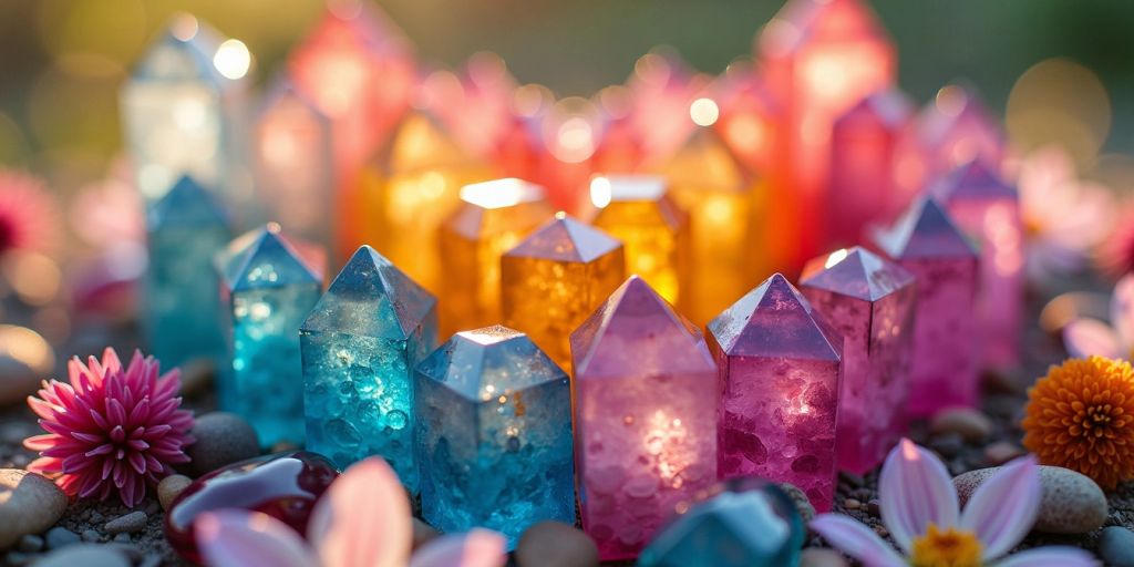 Cristalli colorati a forma di cuore con fiori delicati.