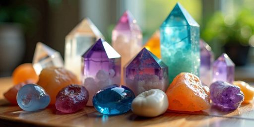 Cristalli colorati su un tavolo di legno