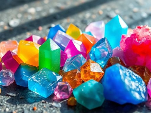 Disposizione di cristalli colorati su una superficie testurizzata.