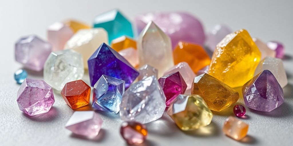 Varie forme di cristalli colorati su una superficie liscia.