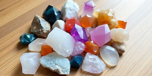 Collezione di cristalli su superficie di legno.