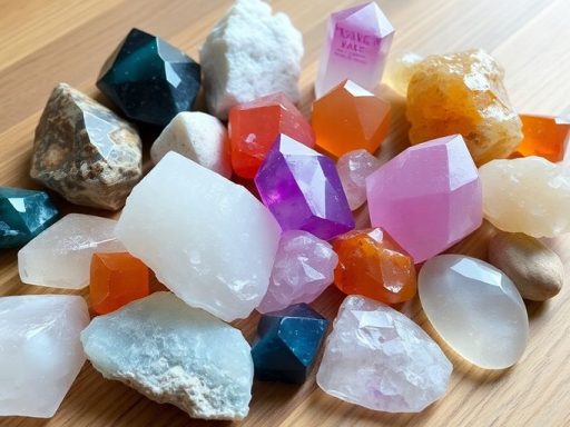 Collezione di cristalli su superficie di legno.