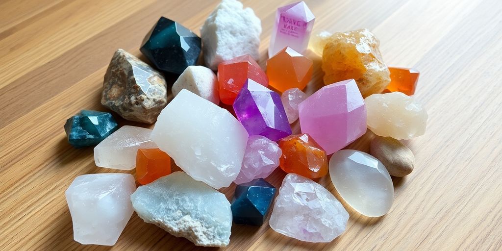 Collezione di cristalli su superficie di legno.