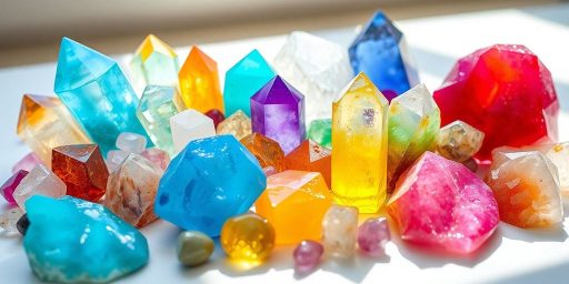 Vari cristalli colorati su una superficie liscia.